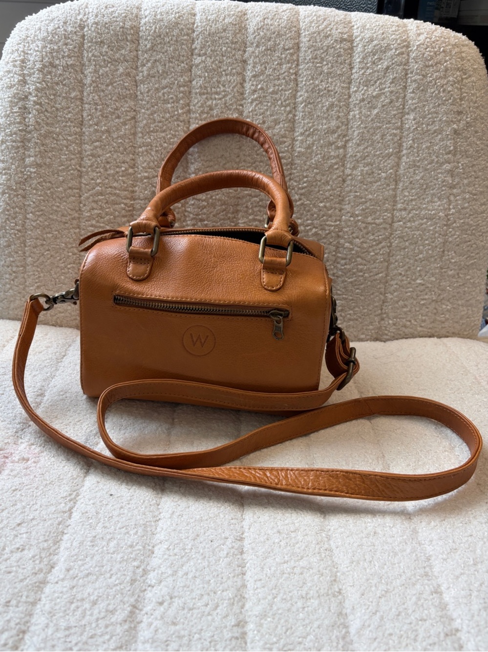 Compact Tan Leather Crossbody Satchel with Top Handles